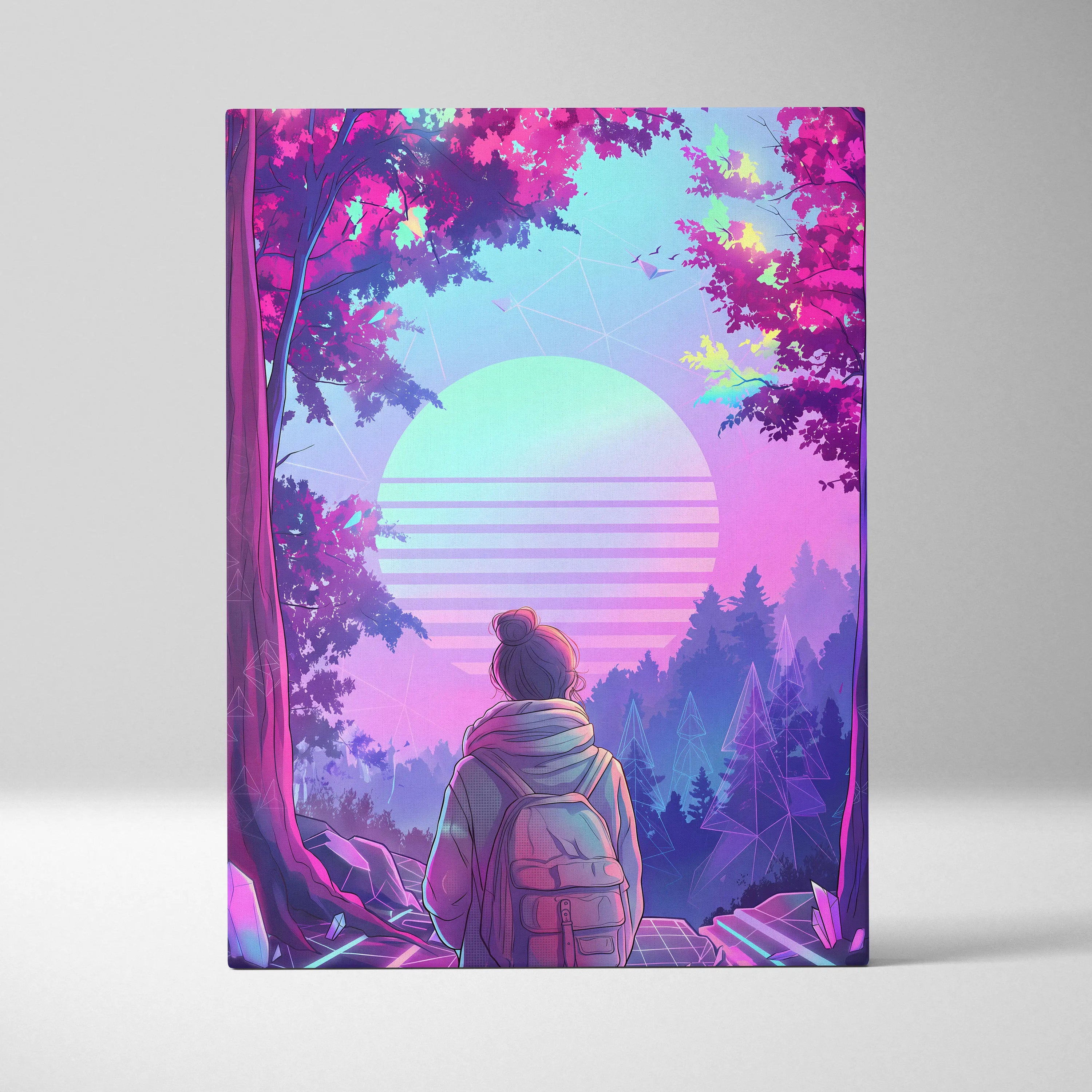 Neon Vaporwave Forest Voyager Canvas - Explorer Neon Pink Wall Art Vaporwave Dreamy Nostalgic Neon Landscape Canvas