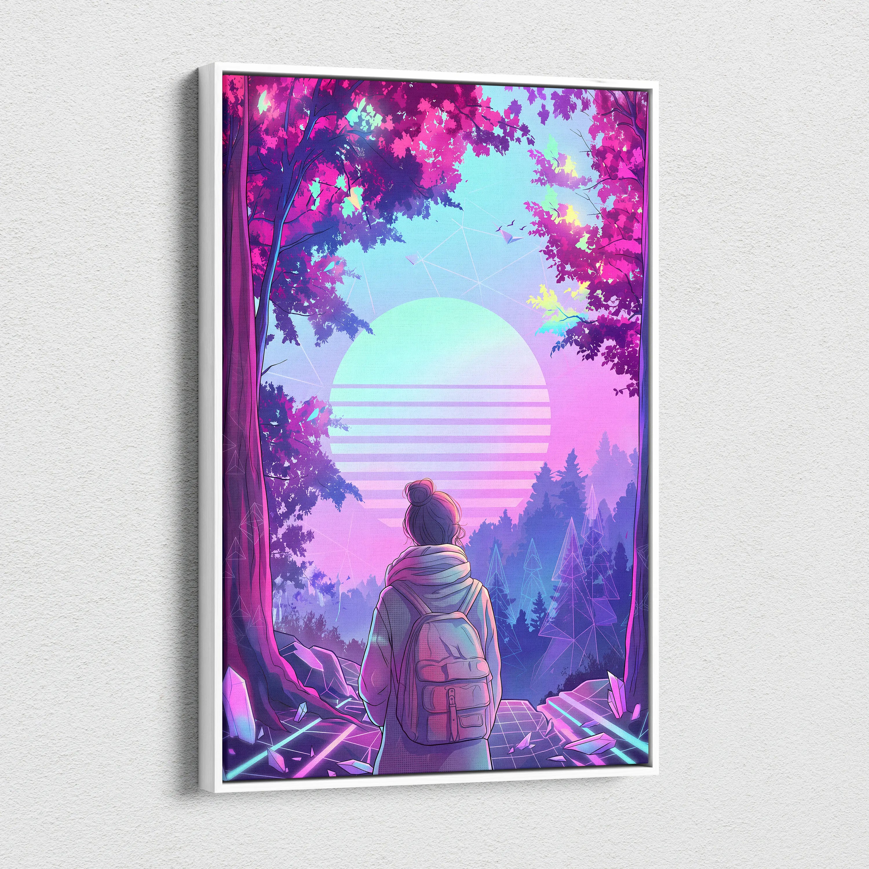 Neon Vaporwave Forest Voyager Canvas - Explorer Neon Pink Wall Art Vaporwave Dreamy Nostalgic Neon Landscape Canvas