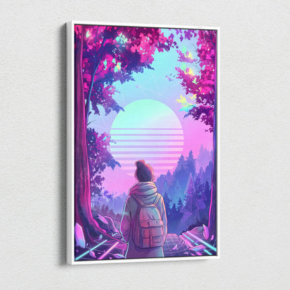 Neon Vaporwave Forest Voyager Canvas - Explorer Neon Pink Wall Art Vaporwave Dreamy Nostalgic Neon Landscape Canvas