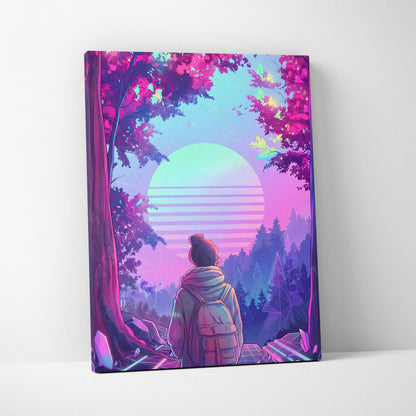 Neon Vaporwave Forest Voyager Canvas - Explorer Neon Pink Wall Art Vaporwave Dreamy Nostalgic Neon Landscape Canvas