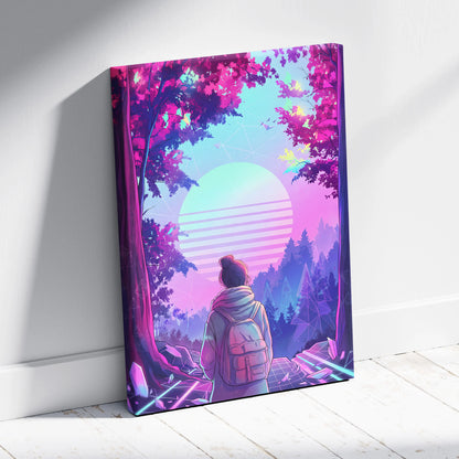 Neon Vaporwave Forest Voyager Canvas - Explorer Neon Pink Wall Art Vaporwave Dreamy Nostalgic Neon Landscape Canvas
