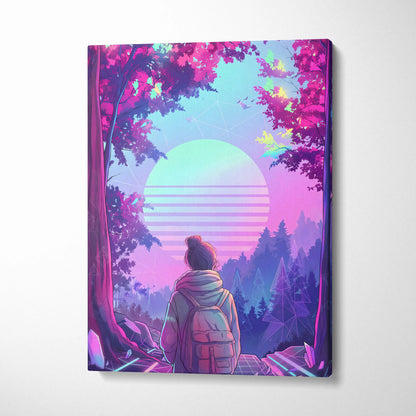 Neon Vaporwave Forest Voyager Canvas - Explorer Neon Pink Wall Art Vaporwave Dreamy Nostalgic Neon Landscape Canvas