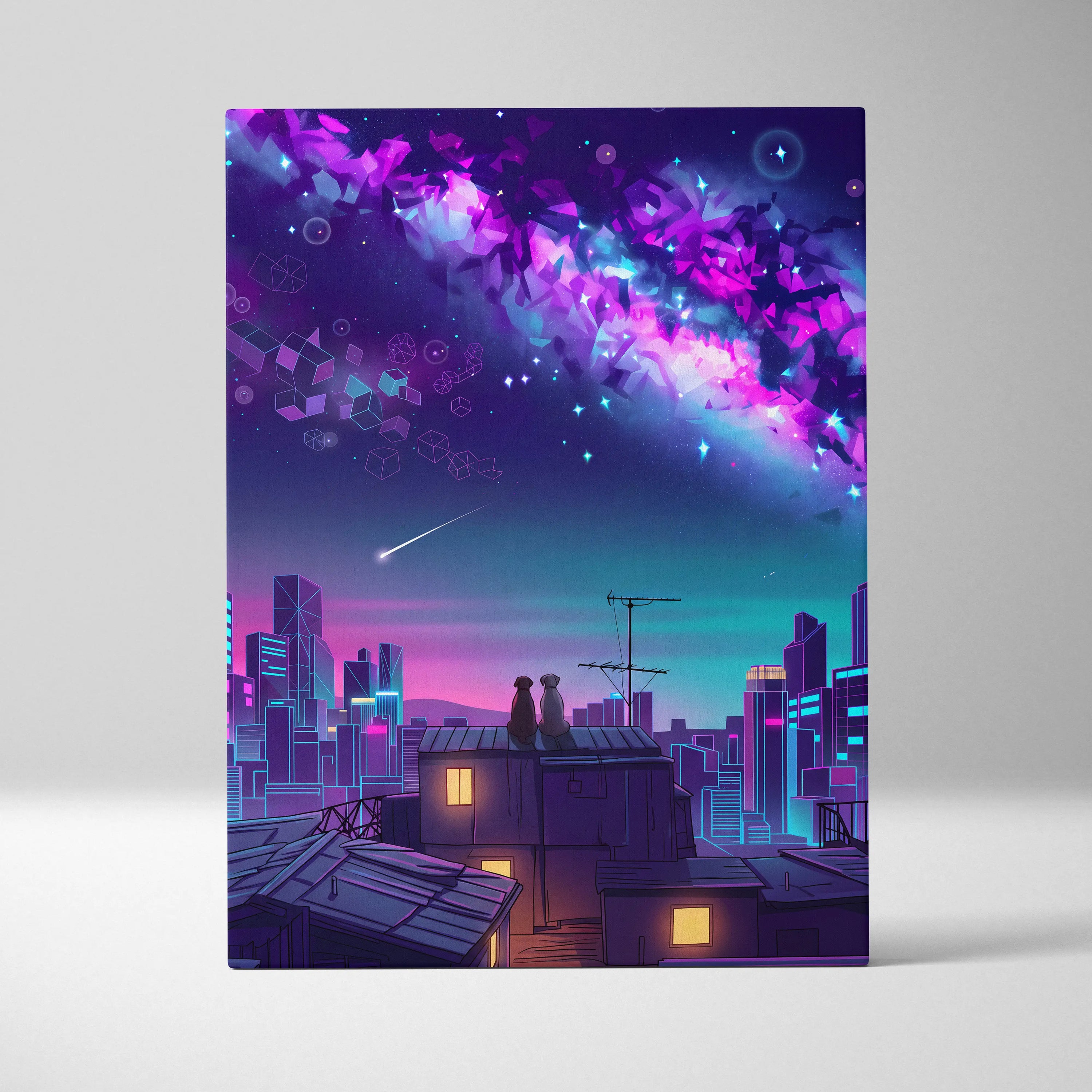 Neon Vaporwave Cityscape Canvas - Cityscape Neon Pink Blue Living Room Vaporwave Dreamy Mood Retro Futurism Wall Art