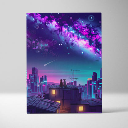 Neon Vaporwave Cityscape Canvas - Cityscape Neon Pink Blue Living Room Vaporwave Dreamy Mood Retro Futurism Wall Art