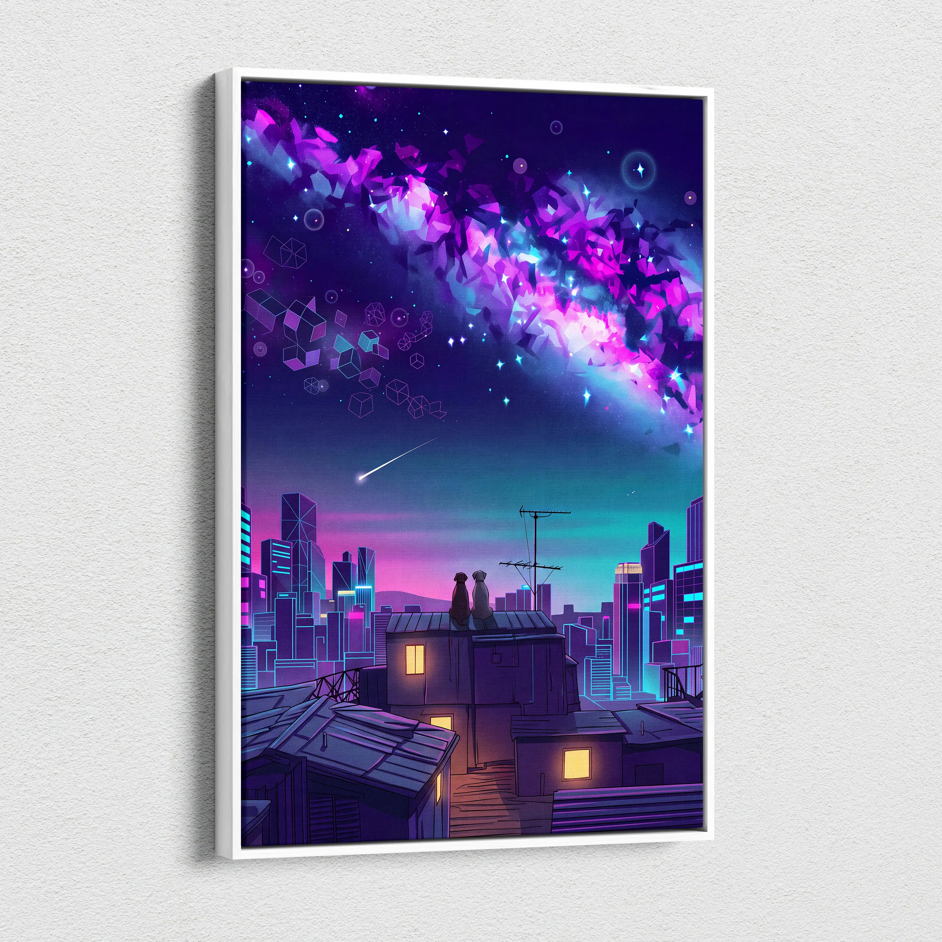 Neon Vaporwave Cityscape Canvas - Cityscape Neon Pink Blue Living Room Vaporwave Dreamy Mood Retro Futurism Wall Art