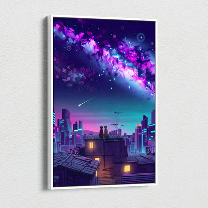 Neon Vaporwave Cityscape Canvas - Cityscape Neon Pink Blue Living Room Vaporwave Dreamy Mood Retro Futurism Wall Art