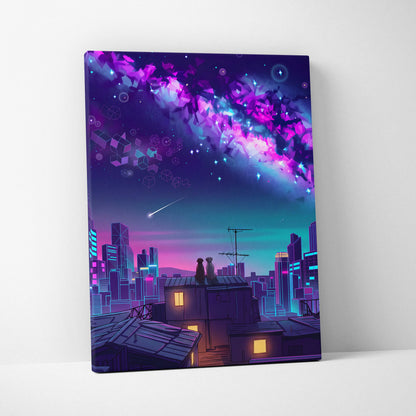 Neon Vaporwave Cityscape Canvas - Cityscape Neon Pink Blue Living Room Vaporwave Dreamy Mood Retro Futurism Wall Art