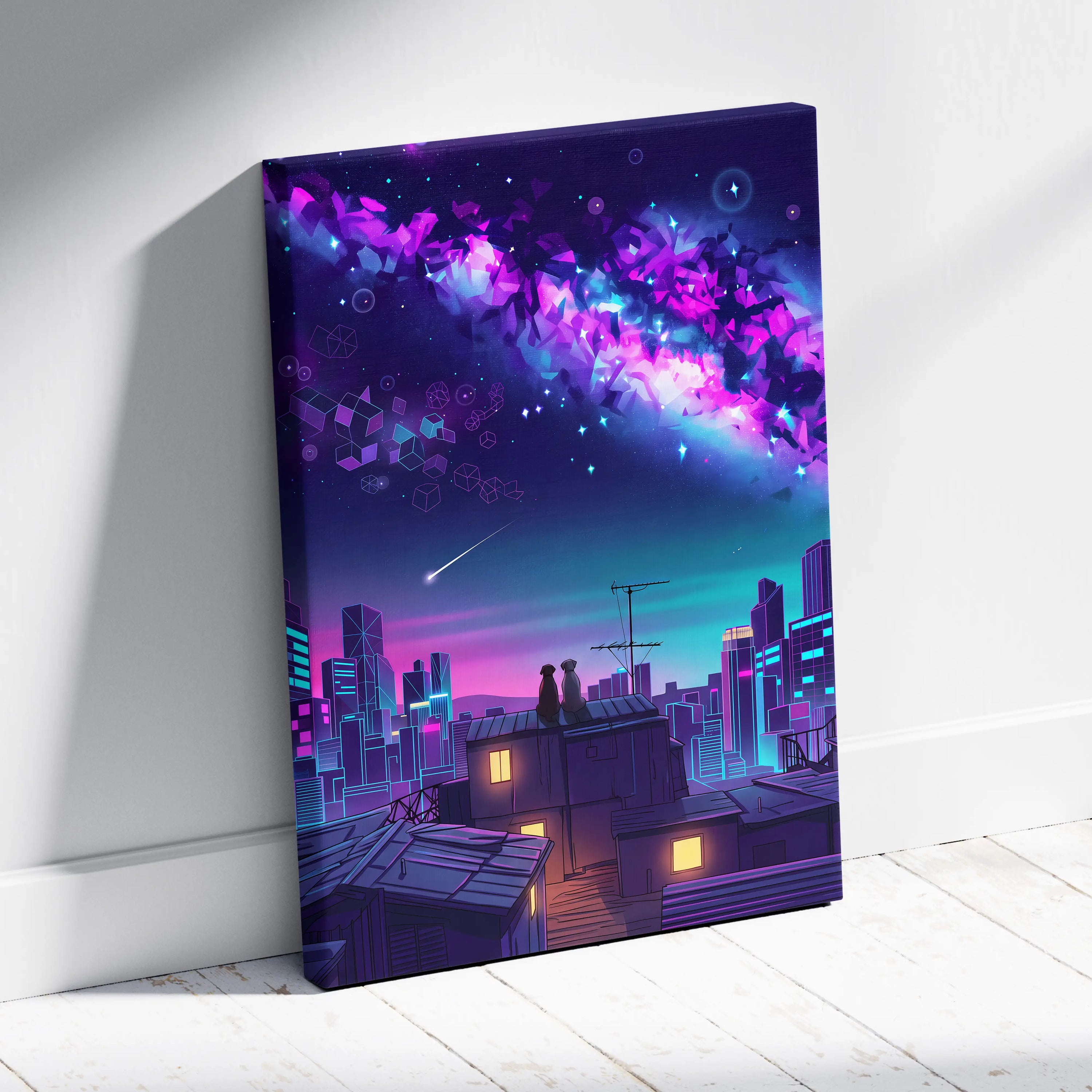Neon Vaporwave Cityscape Canvas - Cityscape Neon Pink Blue Living Room Vaporwave Dreamy Mood Retro Futurism Wall Art