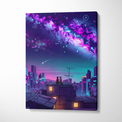 Neon Vaporwave Cityscape Canvas - Cityscape Neon Pink Blue Living Room Vaporwave Dreamy Mood Retro Futurism Wall Art
