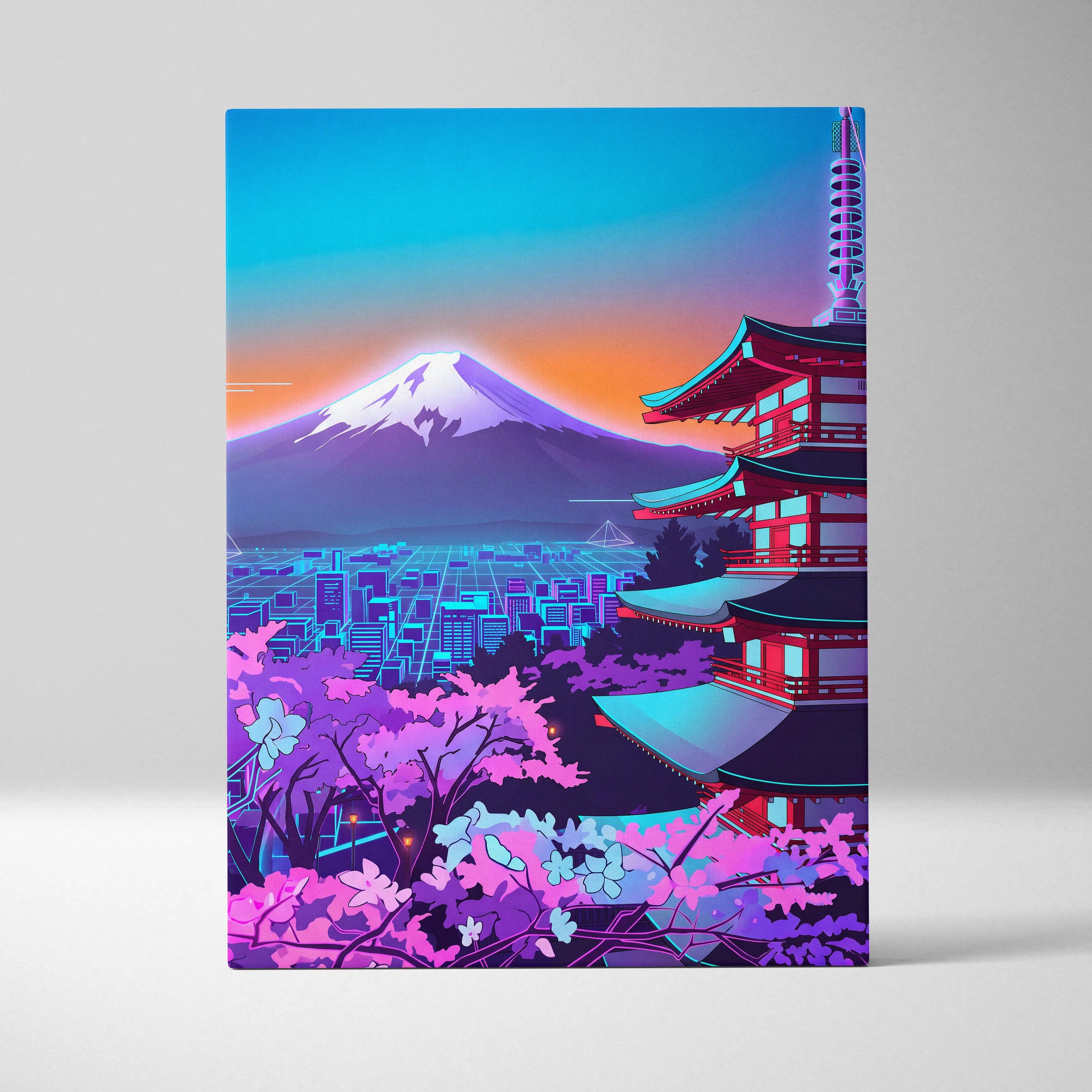 Neon Vapor Pagoda Sunset - Pagoda Neon Sunset Blue Living Room Vaporwave Dreamy Mood Neon City Wall Art Canvas