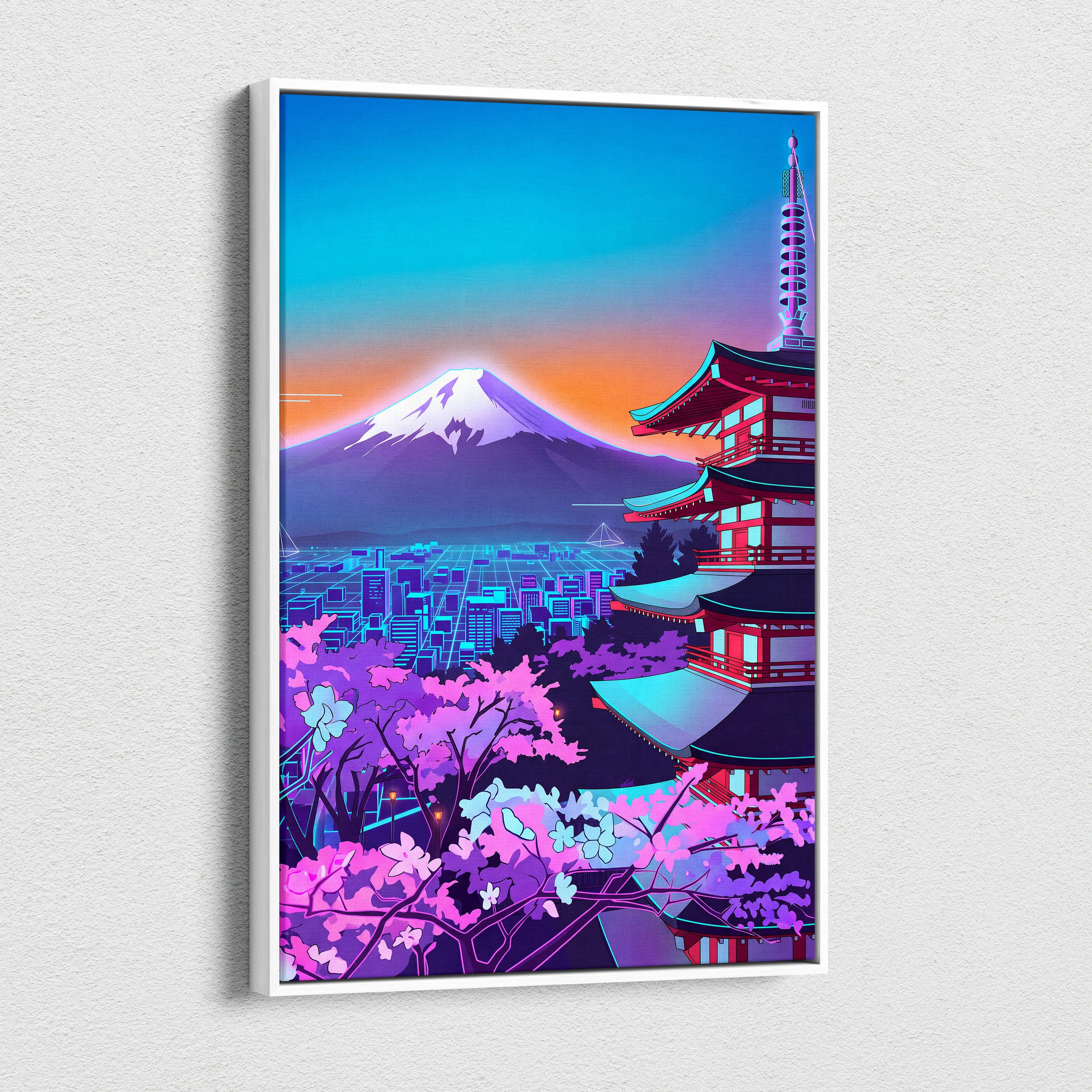 Neon Vapor Pagoda Sunset - Pagoda Neon Sunset Blue Living Room Vaporwave Dreamy Mood Neon City Wall Art Canvas