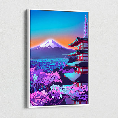 Neon Vapor Pagoda Sunset - Pagoda Neon Sunset Blue Living Room Vaporwave Dreamy Mood Neon City Wall Art Canvas