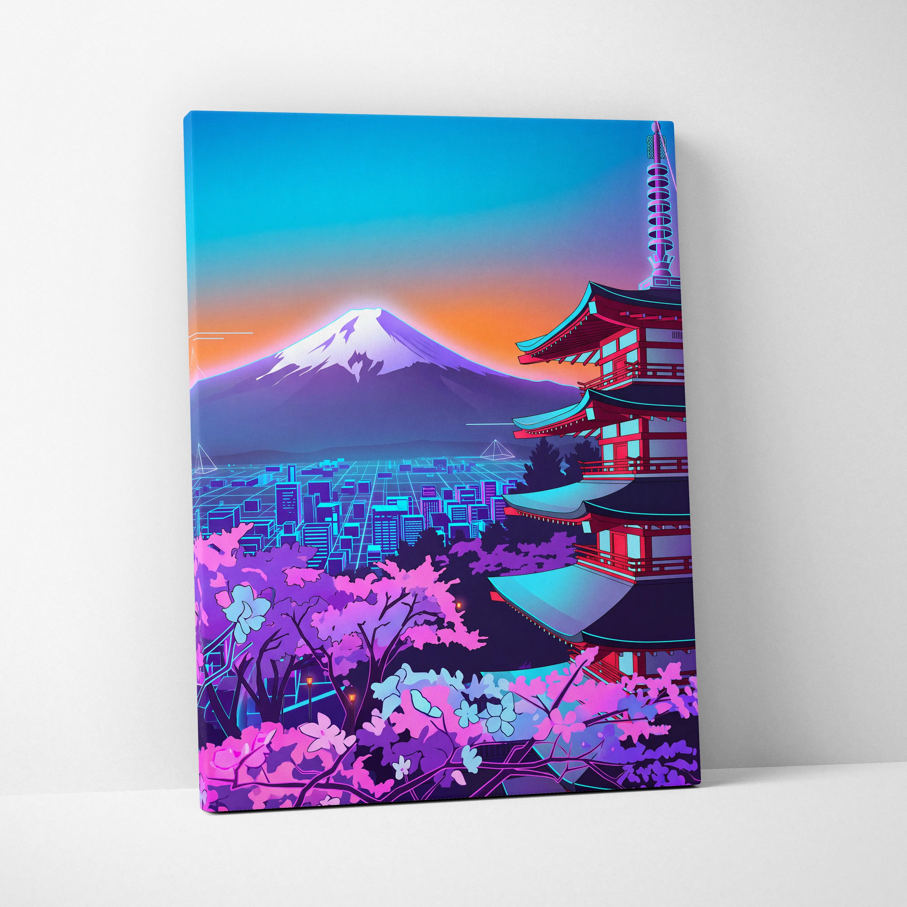 Neon Vapor Pagoda Sunset - Pagoda Neon Sunset Blue Living Room Vaporwave Dreamy Mood Neon City Wall Art Canvas