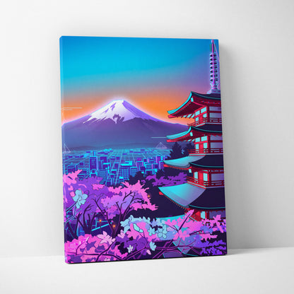 Neon Vapor Pagoda Sunset - Pagoda Neon Sunset Blue Living Room Vaporwave Dreamy Mood Neon City Wall Art Canvas