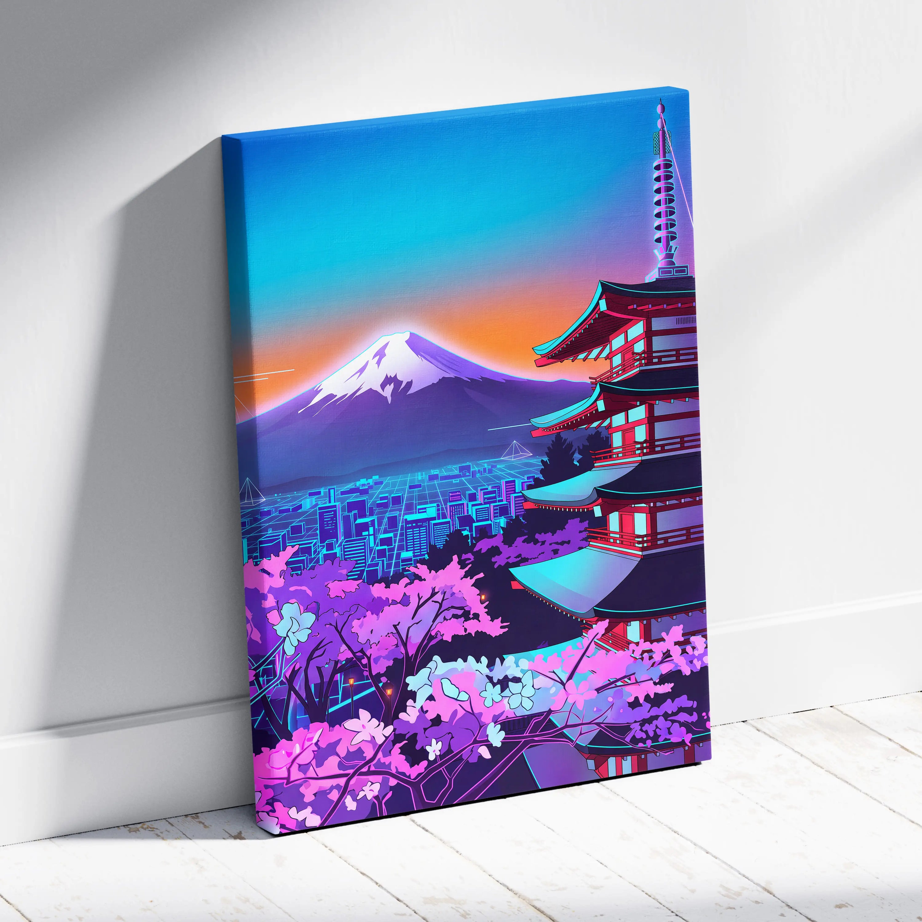 Neon Vapor Pagoda Sunset - Pagoda Neon Sunset Blue Living Room Vaporwave Dreamy Mood Neon City Wall Art Canvas