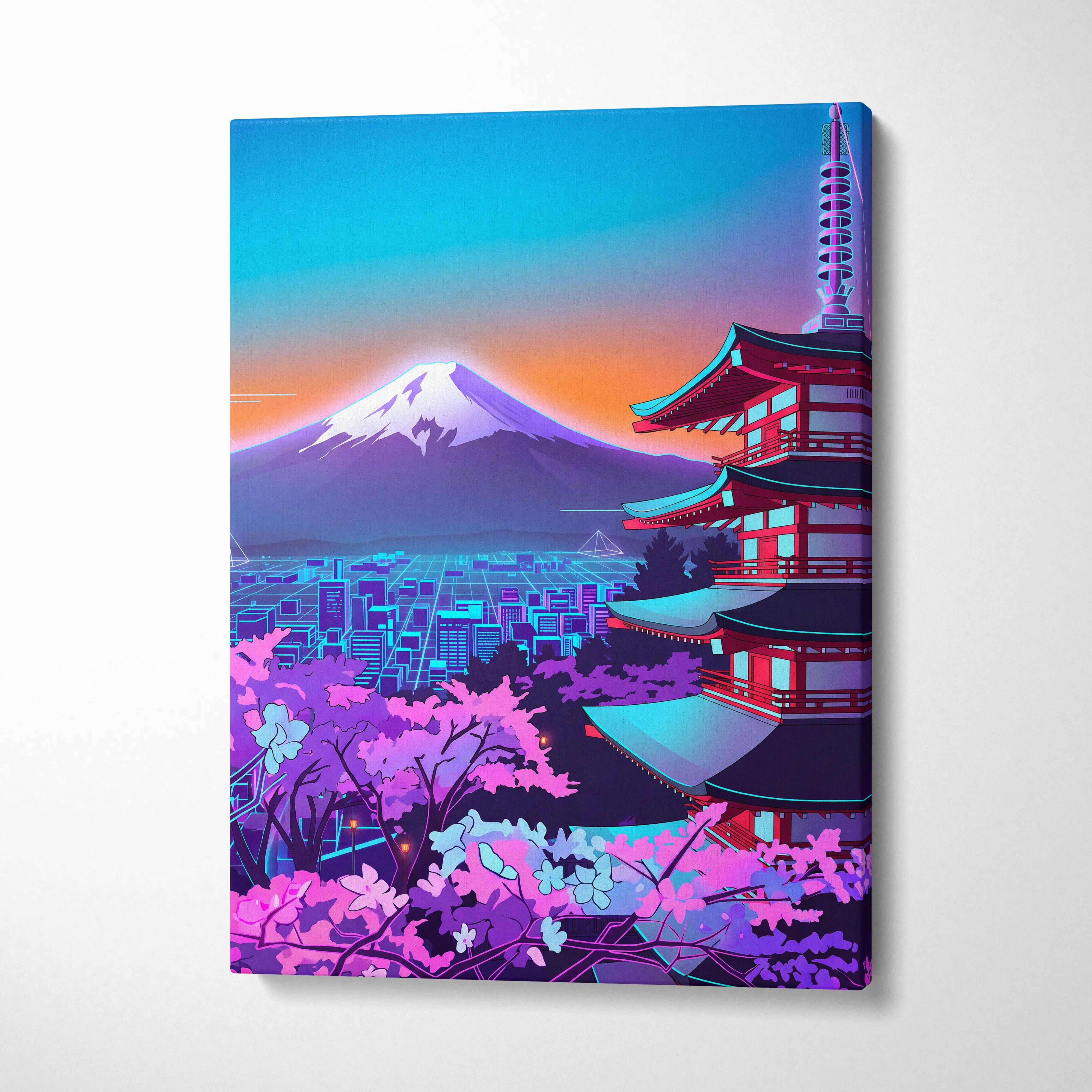 Neon Vapor Pagoda Sunset - Pagoda Neon Sunset Blue Living Room Vaporwave Dreamy Mood Neon City Wall Art Canvas