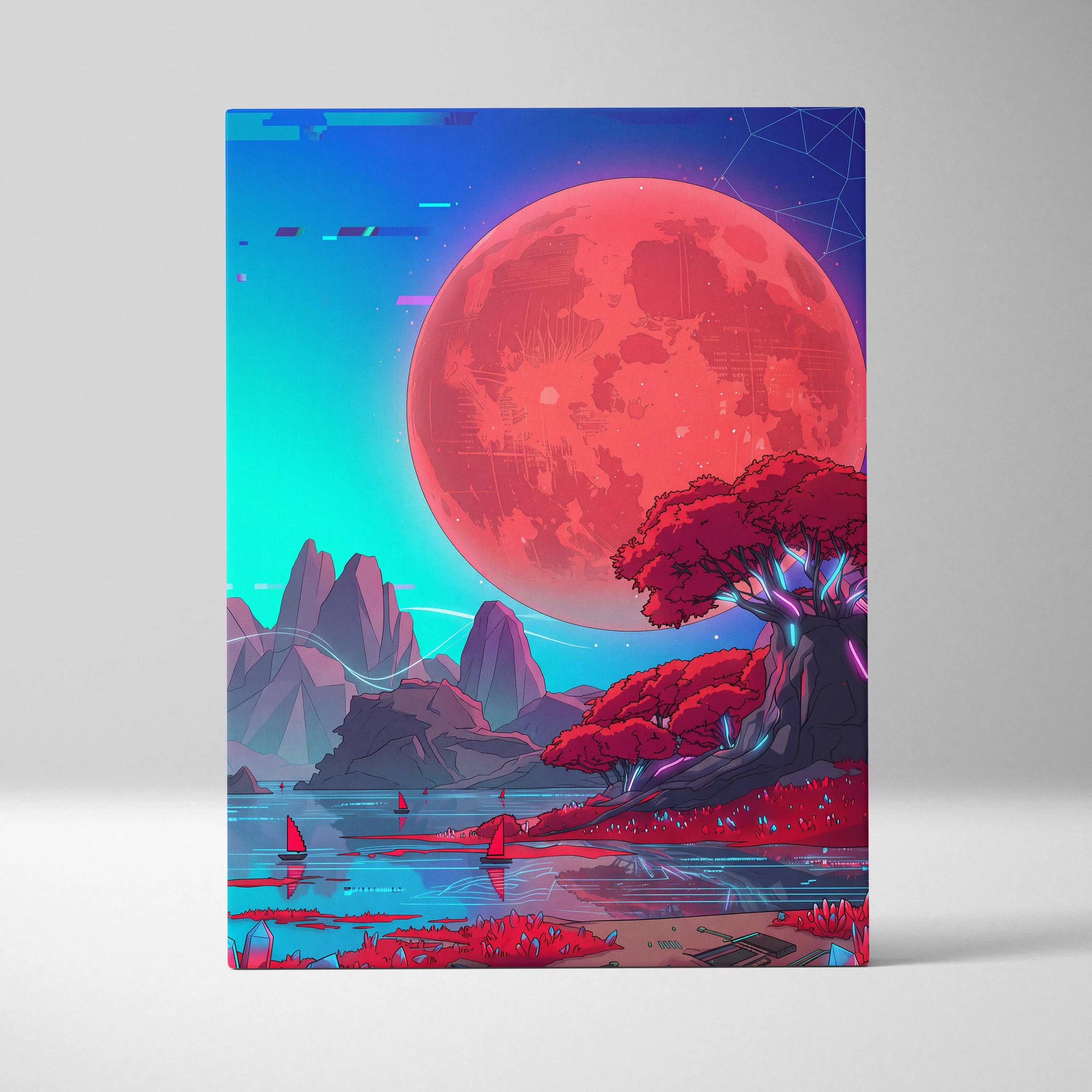 Neon Vaporwave Sunset Canvas - Vaporwave Landscape Neon Pink Cyan Living Room Retro Dreamy Glitch Art Canvas