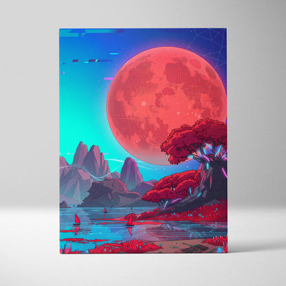 Neon Vaporwave Sunset Canvas - Vaporwave Landscape Neon Pink Cyan Living Room Retro Dreamy Glitch Art Canvas