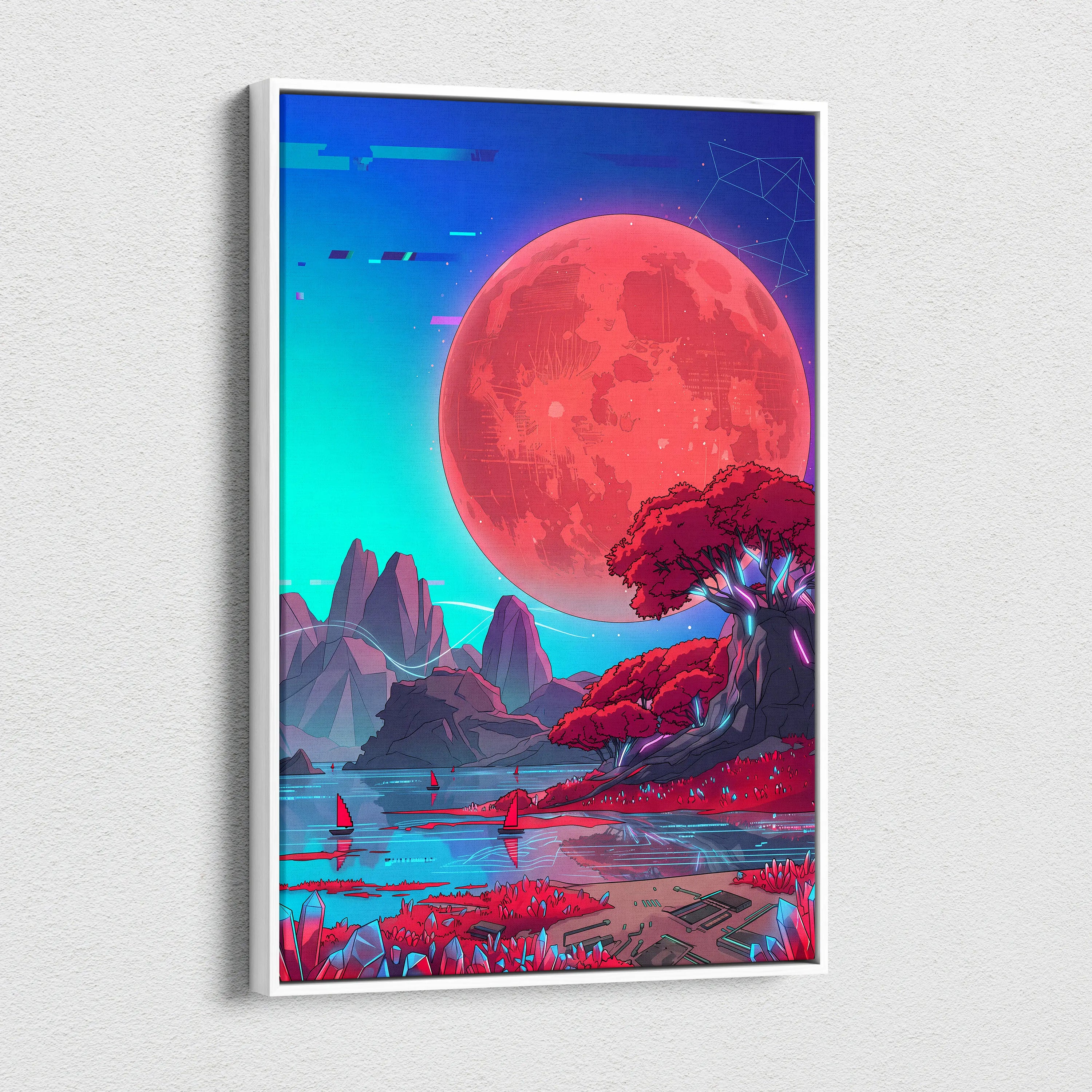 Neon Vaporwave Sunset Canvas - Vaporwave Landscape Neon Pink Cyan Living Room Retro Dreamy Glitch Art Canvas