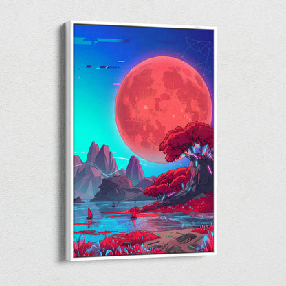 Neon Vaporwave Sunset Canvas - Vaporwave Landscape Neon Pink Cyan Living Room Retro Dreamy Glitch Art Canvas