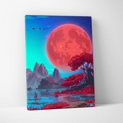 Neon Vaporwave Sunset Canvas - Vaporwave Landscape Neon Pink Cyan Living Room Retro Dreamy Glitch Art Canvas