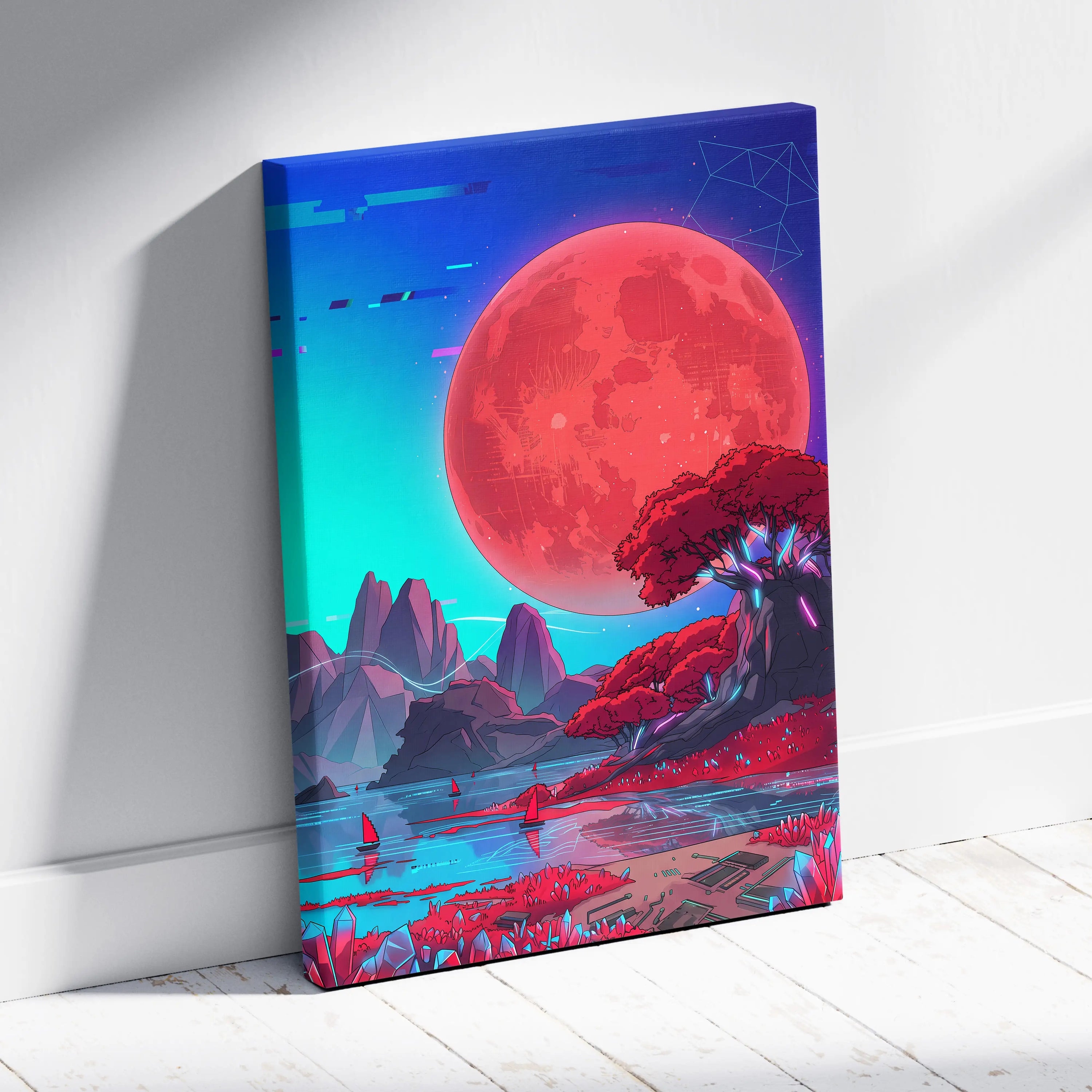 Neon Vaporwave Sunset Canvas - Vaporwave Landscape Neon Pink Cyan Living Room Retro Dreamy Glitch Art Canvas