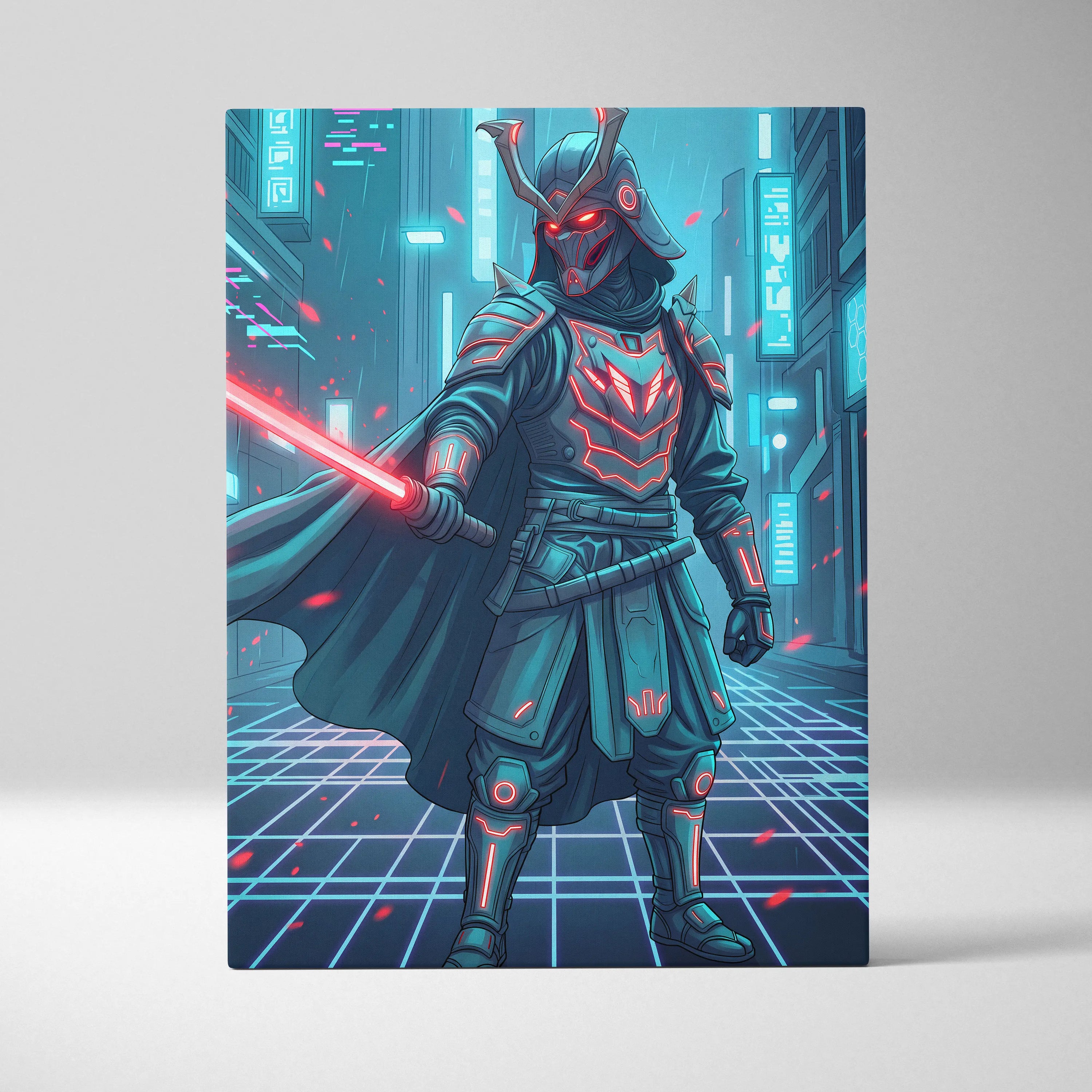 Neon Samurai Vaporwave Canvas - Samurai Neon Blue Pink Living Room Vaporwave Moody Neon Retro Futurist Wall Art Canvas