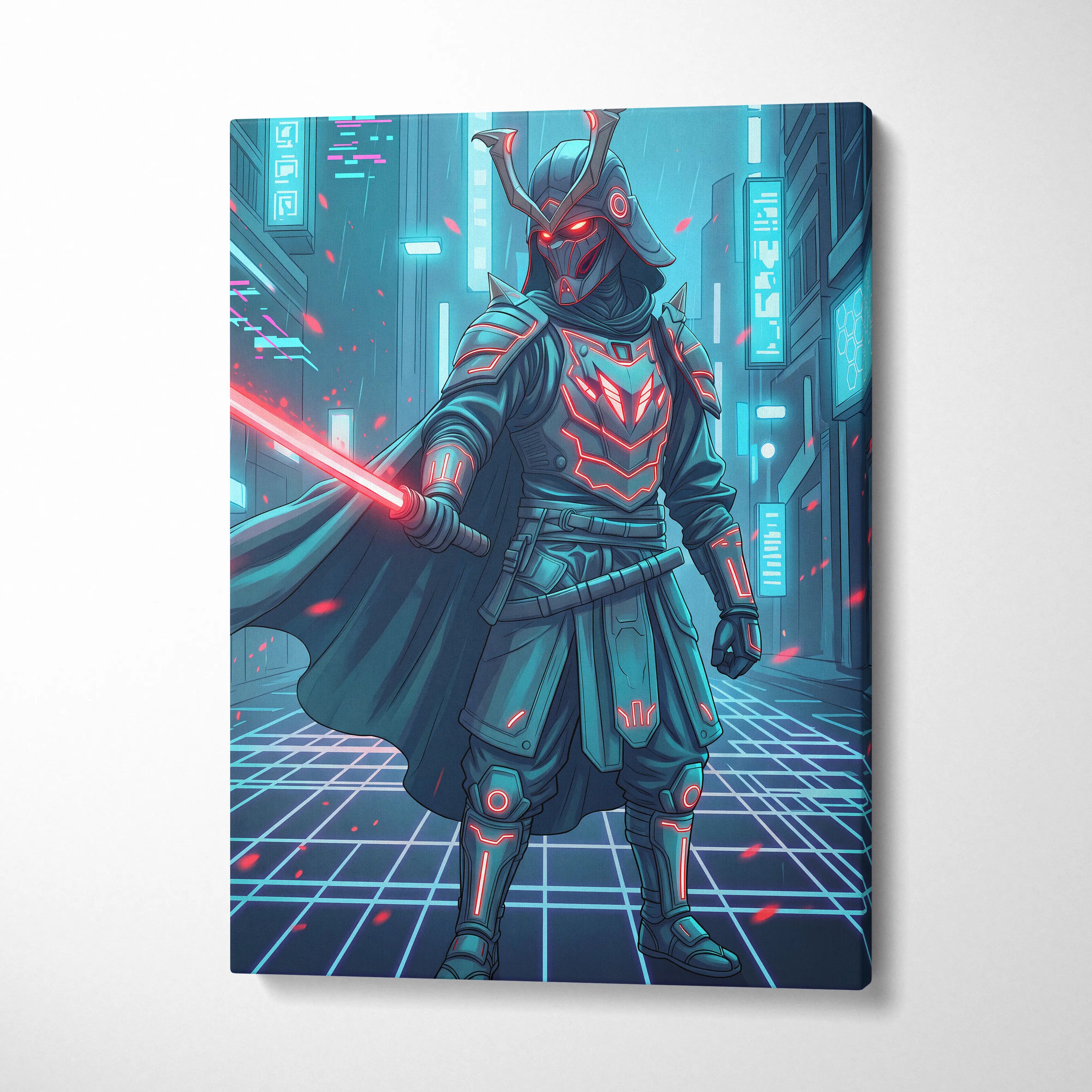 Neon Samurai Vaporwave Canvas - Samurai Neon Blue Pink Living Room Vaporwave Moody Neon Retro Futurist Wall Art Canvas