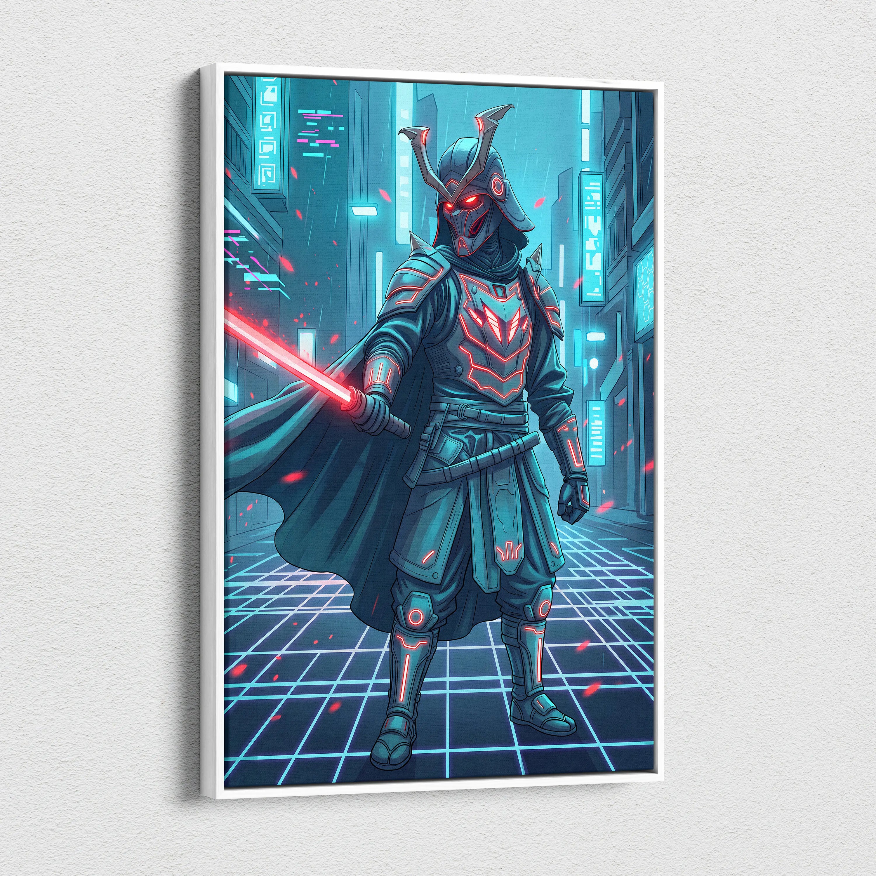 Neon Samurai Vaporwave Canvas - Samurai Neon Blue Pink Living Room Vaporwave Moody Neon Retro Futurist Wall Art Canvas