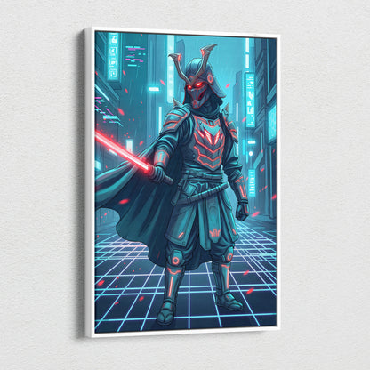 Neon Samurai Vaporwave Canvas - Samurai Neon Blue Pink Living Room Vaporwave Moody Neon Retro Futurist Wall Art Canvas