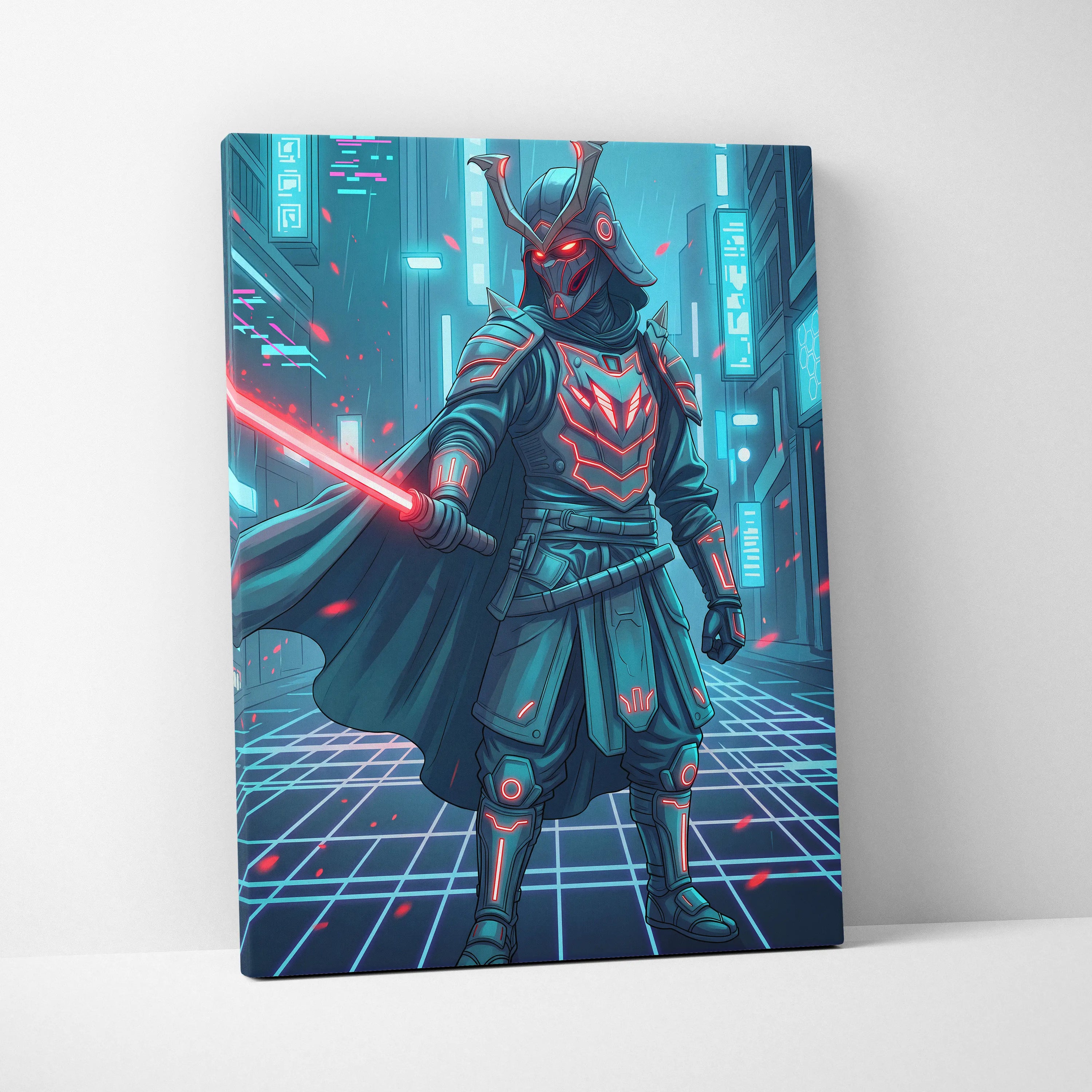 Neon Samurai Vaporwave Canvas - Samurai Neon Blue Pink Living Room Vaporwave Moody Neon Retro Futurist Wall Art Canvas