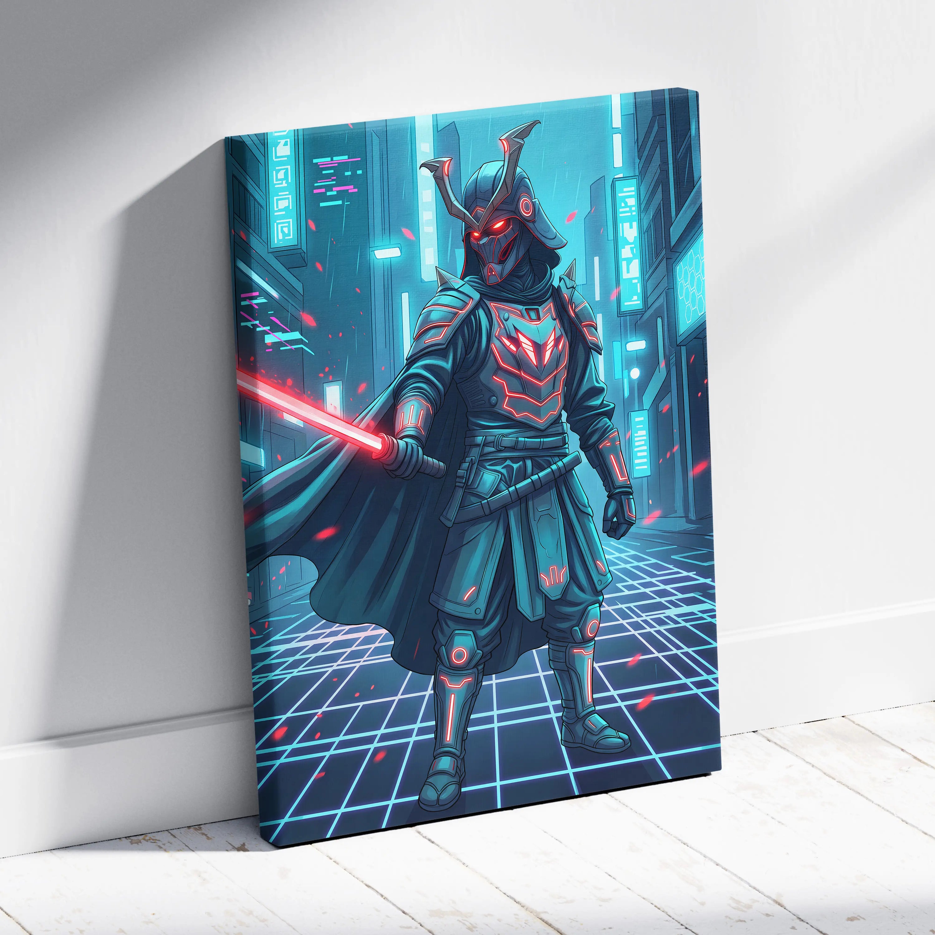 Neon Samurai Vaporwave Canvas - Samurai Neon Blue Pink Living Room Vaporwave Moody Neon Retro Futurist Wall Art Canvas