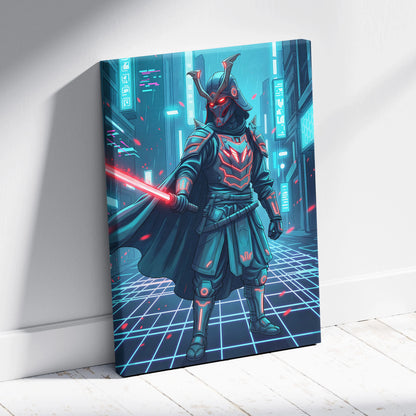 Neon Samurai Vaporwave Canvas - Samurai Neon Blue Pink Living Room Vaporwave Moody Neon Retro Futurist Wall Art Canvas