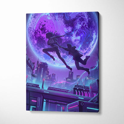 Vaporwave Neon Fantasy Canvas - Vaporwave Scene Neon Purple Blue Living Room Retro-Futurism Moody Neon Wall Art Canvas