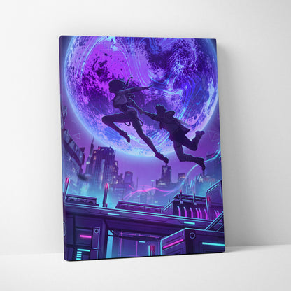 Vaporwave Neon Fantasy Canvas - Vaporwave Scene Neon Purple Blue Living Room Retro-Futurism Moody Neon Wall Art Canvas