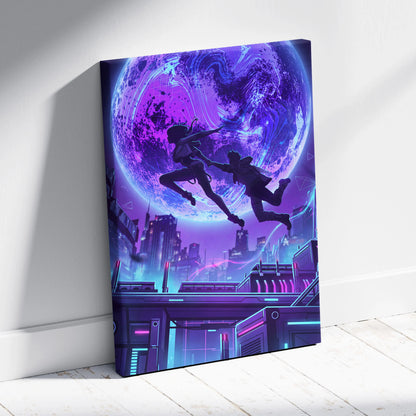 Vaporwave Neon Fantasy Canvas - Vaporwave Scene Neon Purple Blue Living Room Retro-Futurism Moody Neon Wall Art Canvas