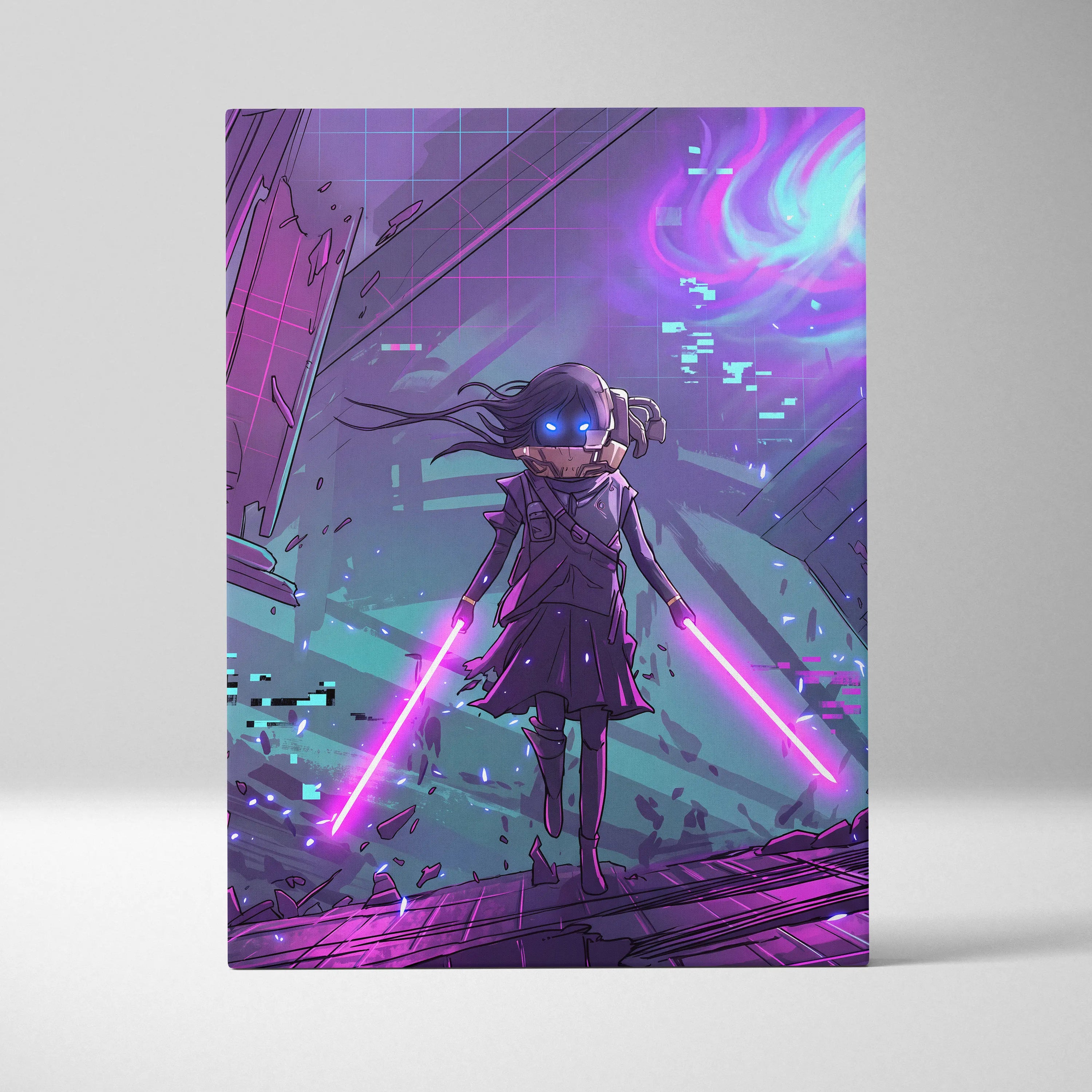 Vaporwave Neon Warrior Canvas - Vaporwave Warrior Purple Teal Art Retro Futurism Dreamy Neon Canvas Cyberpunk