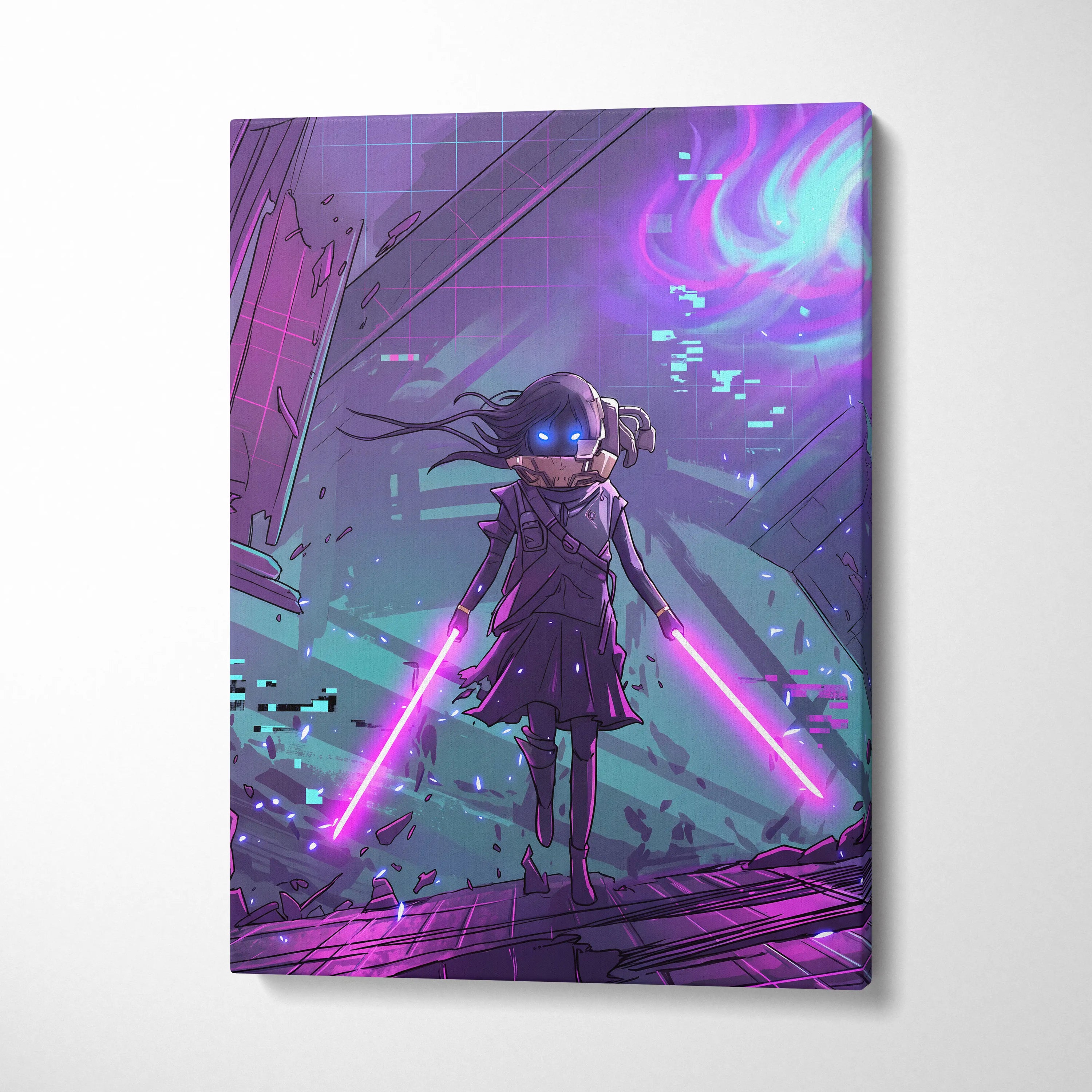 Vaporwave Neon Warrior Canvas - Vaporwave Warrior Purple Teal Art Retro Futurism Dreamy Neon Canvas Cyberpunk