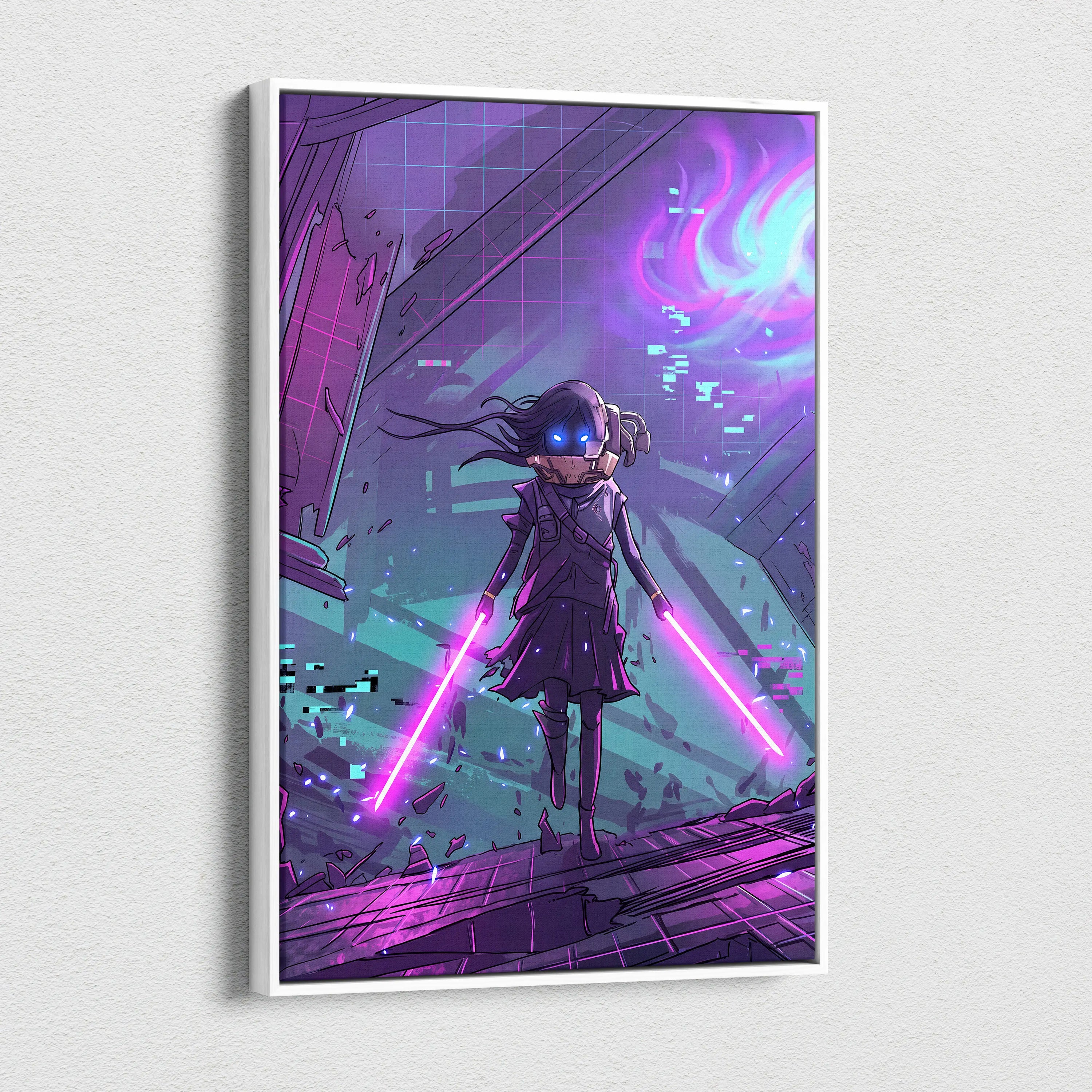 Vaporwave Neon Warrior Canvas - Vaporwave Warrior Purple Teal Art Retro Futurism Dreamy Neon Canvas Cyberpunk