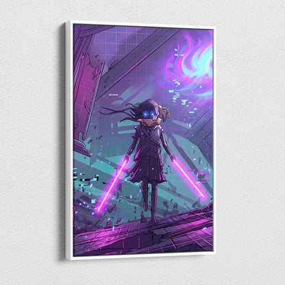 Vaporwave Neon Warrior Canvas - Vaporwave Warrior Purple Teal Art Retro Futurism Dreamy Neon Canvas Cyberpunk