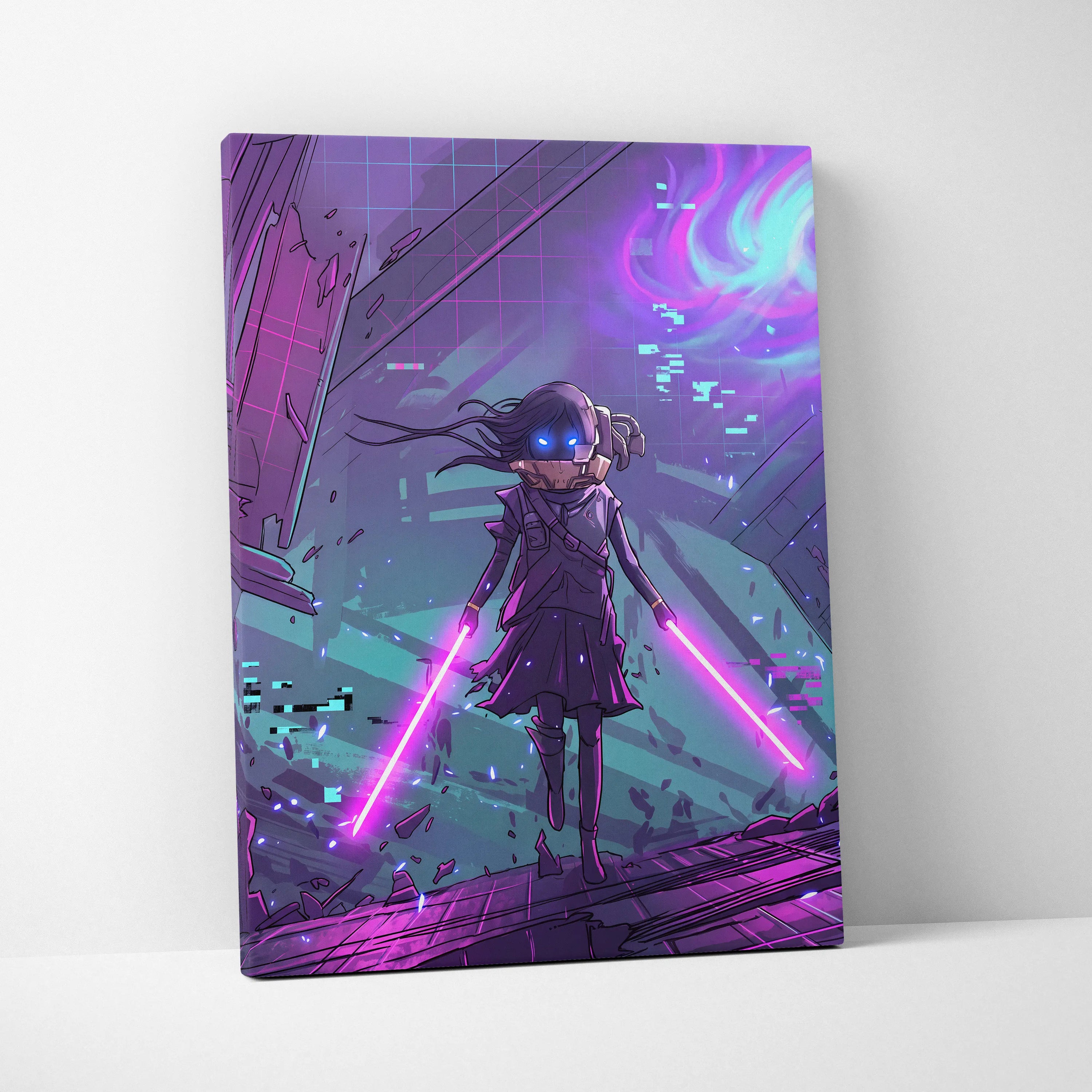 Vaporwave Neon Warrior Canvas - Vaporwave Warrior Purple Teal Art Retro Futurism Dreamy Neon Canvas Cyberpunk