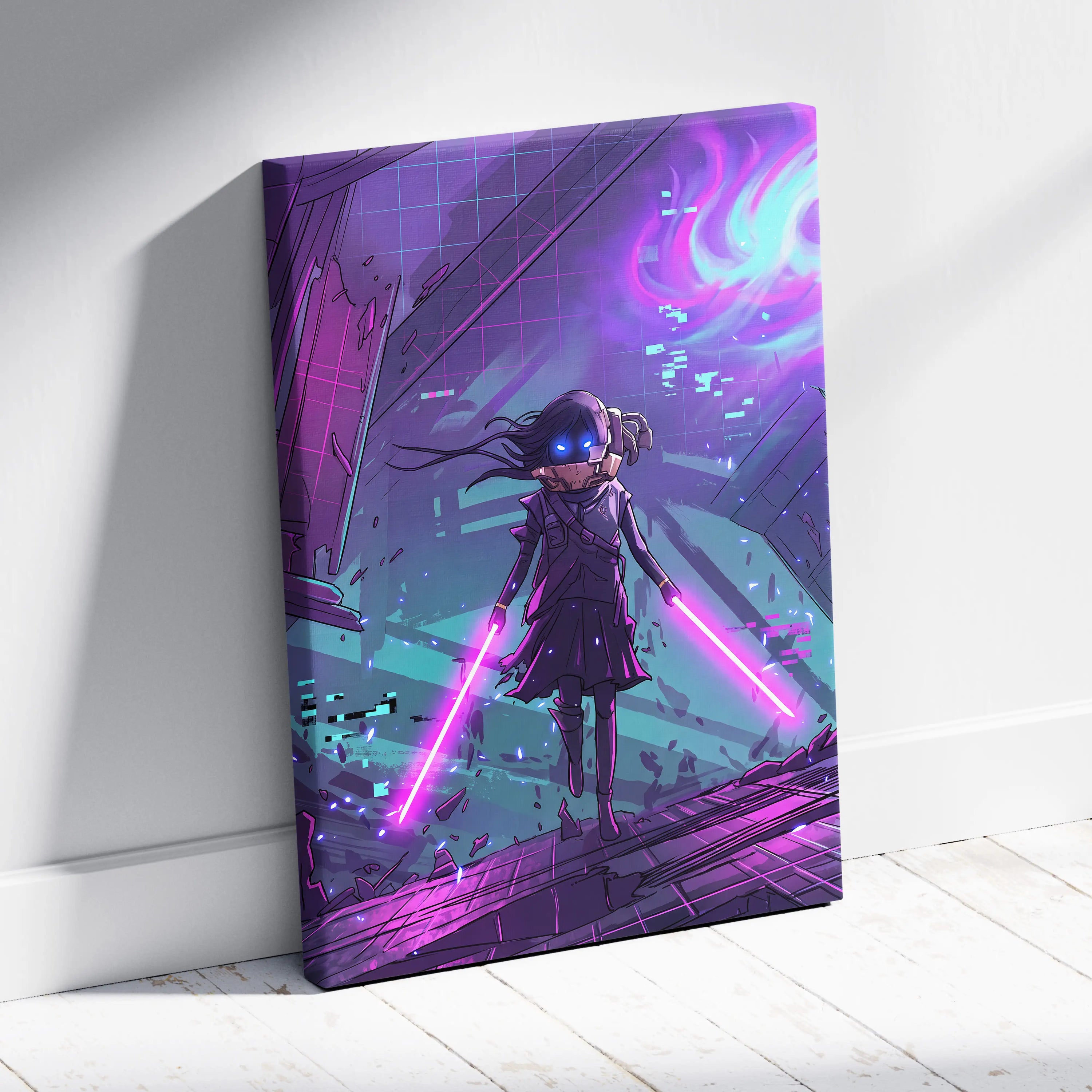 Vaporwave Neon Warrior Canvas - Vaporwave Warrior Purple Teal Art Retro Futurism Dreamy Neon Canvas Cyberpunk