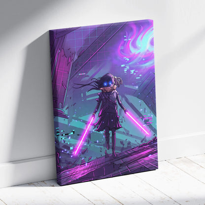 Vaporwave Neon Warrior Canvas - Vaporwave Warrior Purple Teal Art Retro Futurism Dreamy Neon Canvas Cyberpunk
