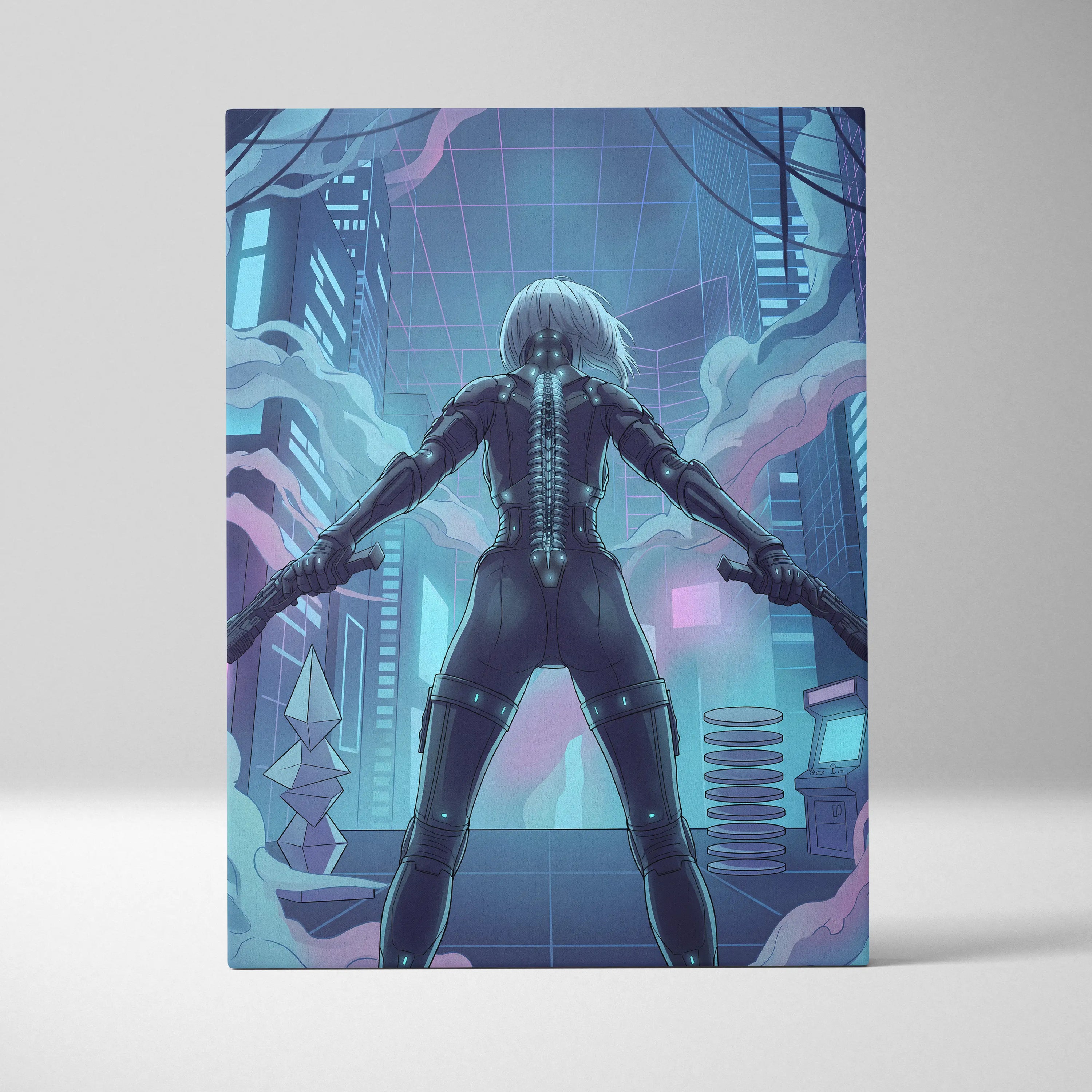 Vaporfantasy Neon City Warrior - Cyberpunk Neon Blues Living Room Vaporwave Dreamy Neon Mood, Cyberpunk Art, Canvas