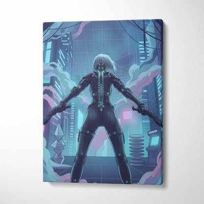 Vaporfantasy Neon City Warrior - Cyberpunk Neon Blues Living Room Vaporwave Dreamy Neon Mood, Cyberpunk Art, Canvas
