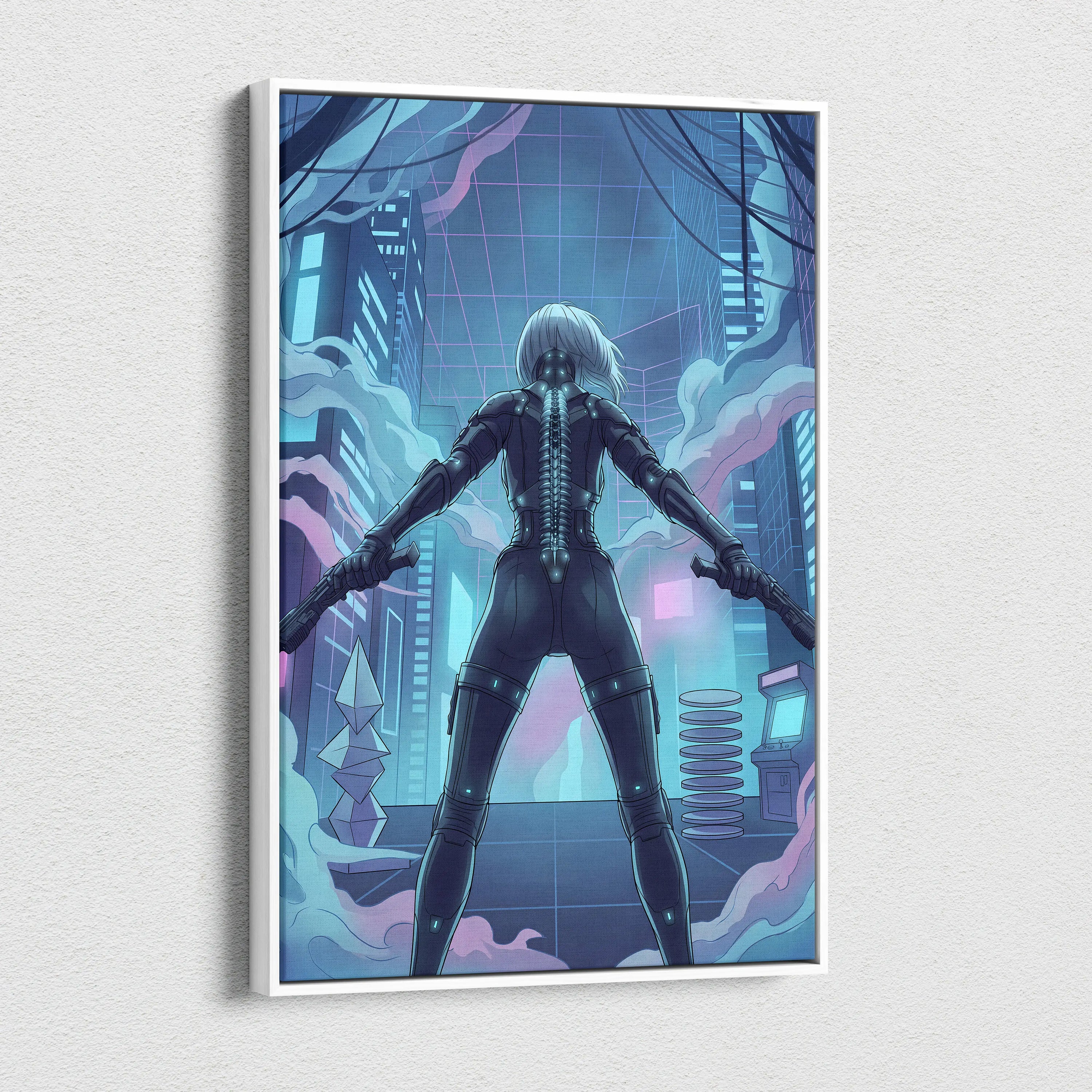 Vaporfantasy Neon City Warrior - Cyberpunk Neon Blues Living Room Vaporwave Dreamy Neon Mood, Cyberpunk Art, Canvas