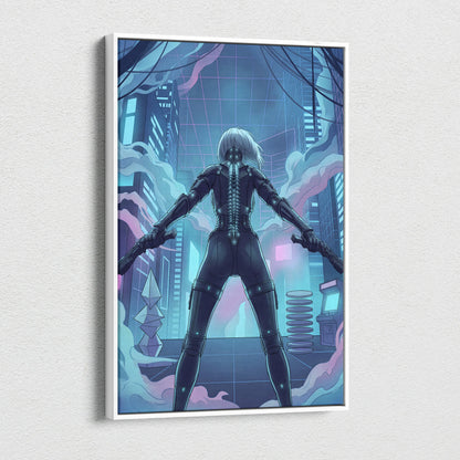 Vaporfantasy Neon City Warrior - Cyberpunk Neon Blues Living Room Vaporwave Dreamy Neon Mood, Cyberpunk Art, Canvas