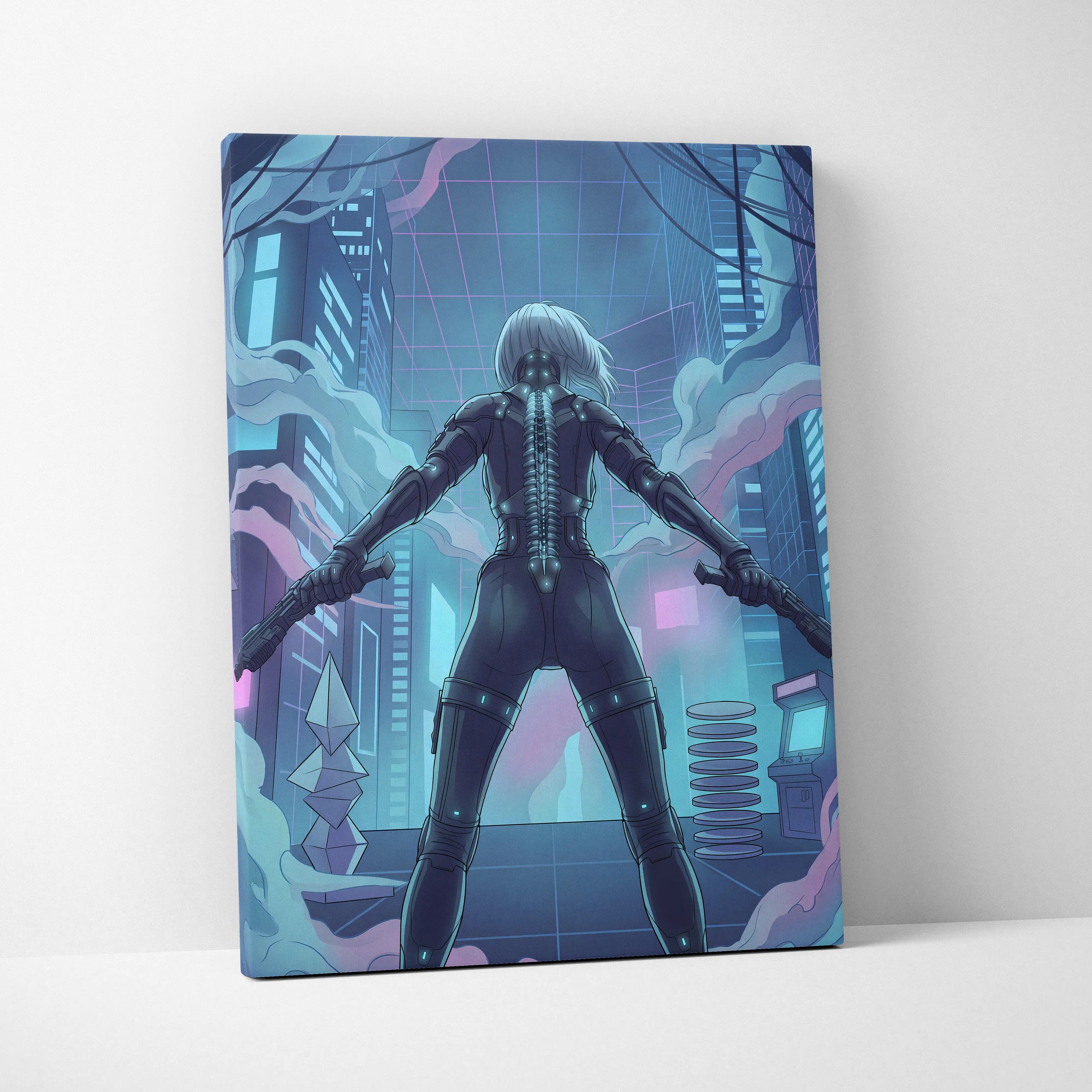 Vaporfantasy Neon City Warrior - Cyberpunk Neon Blues Living Room Vaporwave Dreamy Neon Mood, Cyberpunk Art, Canvas