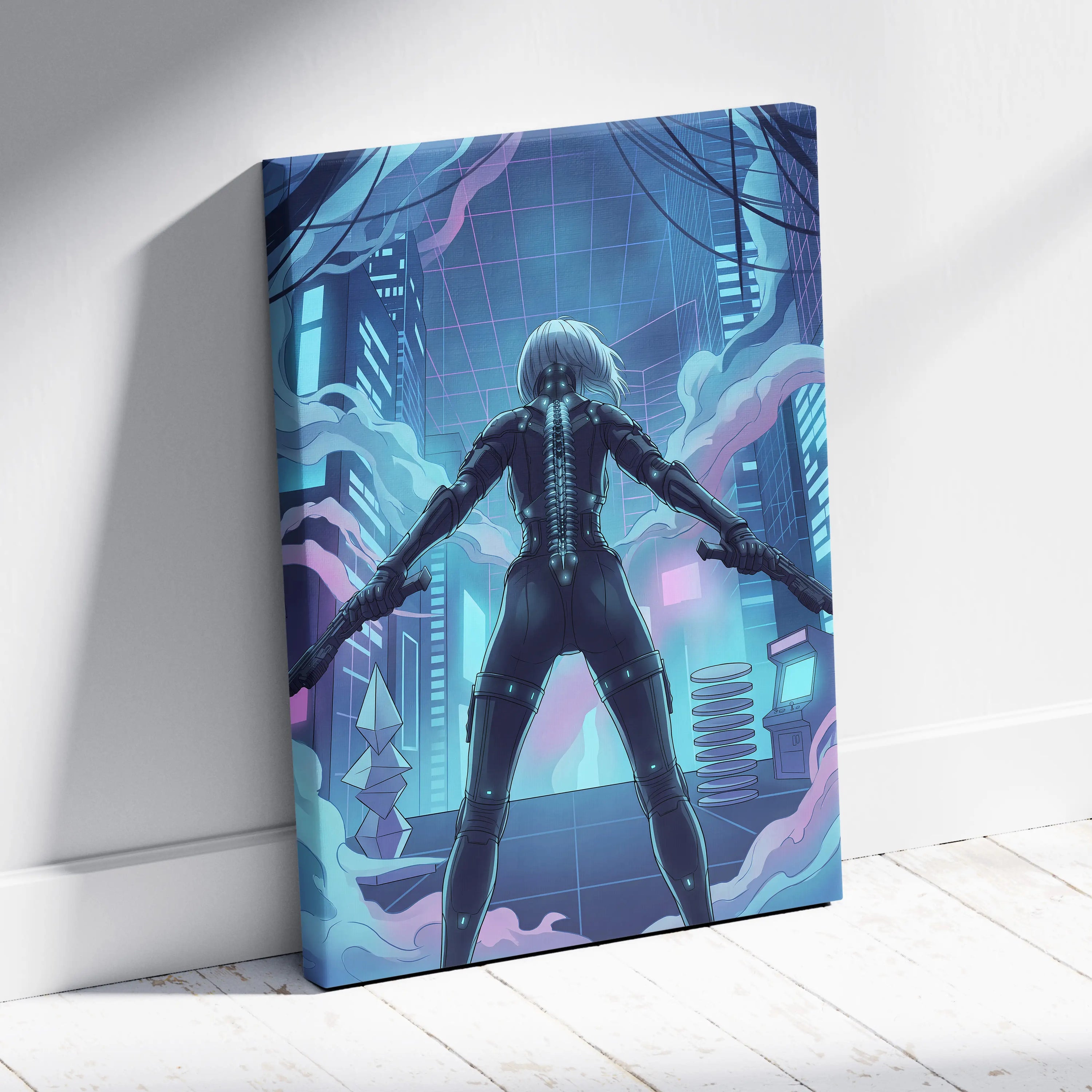 Vaporfantasy Neon City Warrior - Cyberpunk Neon Blues Living Room Vaporwave Dreamy Neon Mood, Cyberpunk Art, Canvas