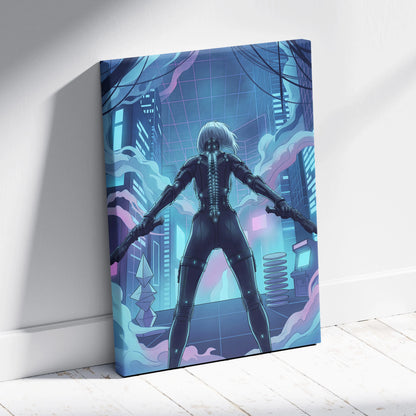 Vaporfantasy Neon City Warrior - Cyberpunk Neon Blues Living Room Vaporwave Dreamy Neon Mood, Cyberpunk Art, Canvas